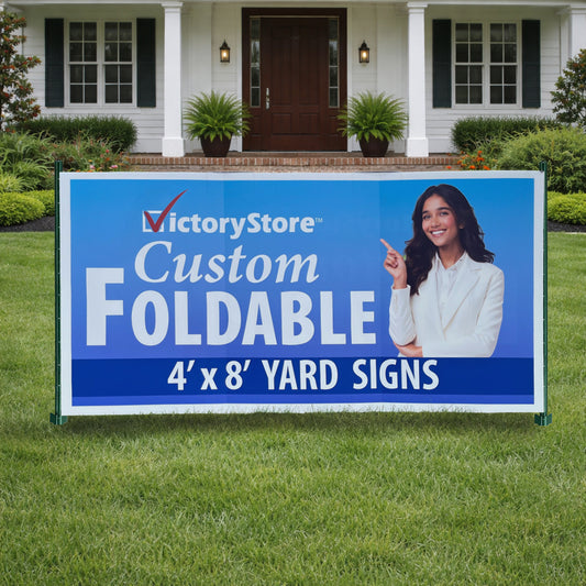 VictoryStore custom foldable yard sign in front of a house