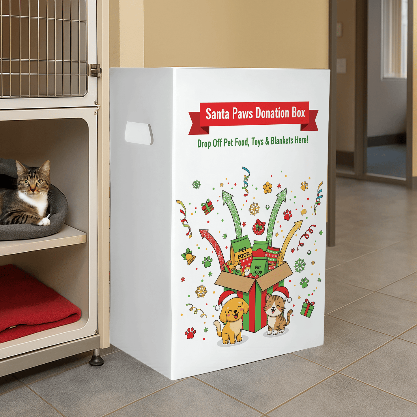 6 - Pack Pet Drive Donation Bin - Santa Paws - Reusable Corrugated Plastic Trash Cans | 22.3 Gallons