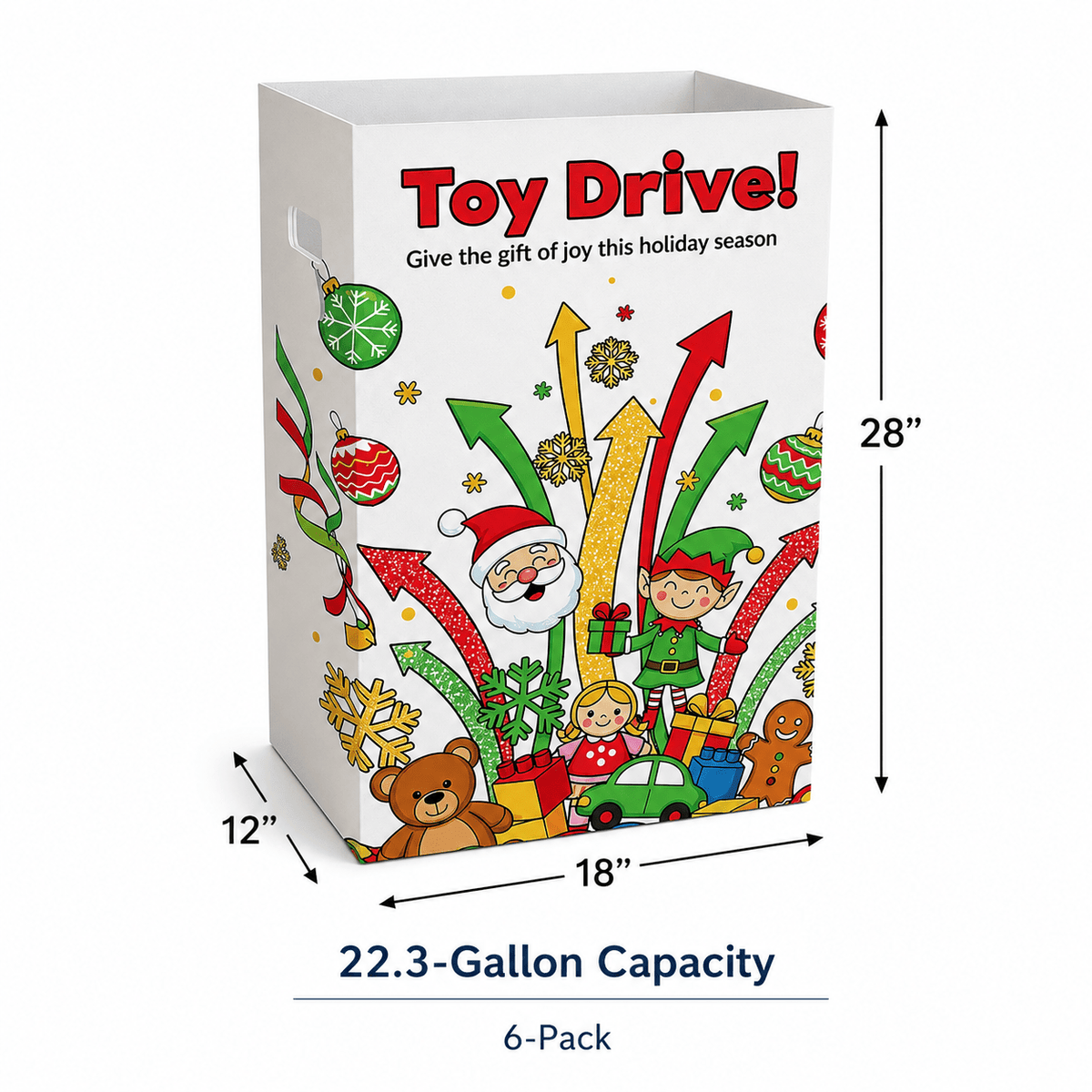 6-Pack Toy Drive Donation Bin - Reusable Corrugated Plastic Trash Cans | 22.3 Gallons