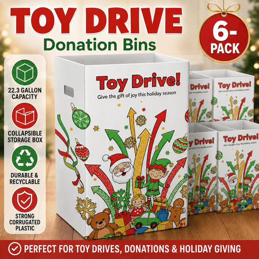 6-Pack Toy Drive Donation Bin - Reusable Corrugated Plastic Trash Cans | 22.3 Gallons
