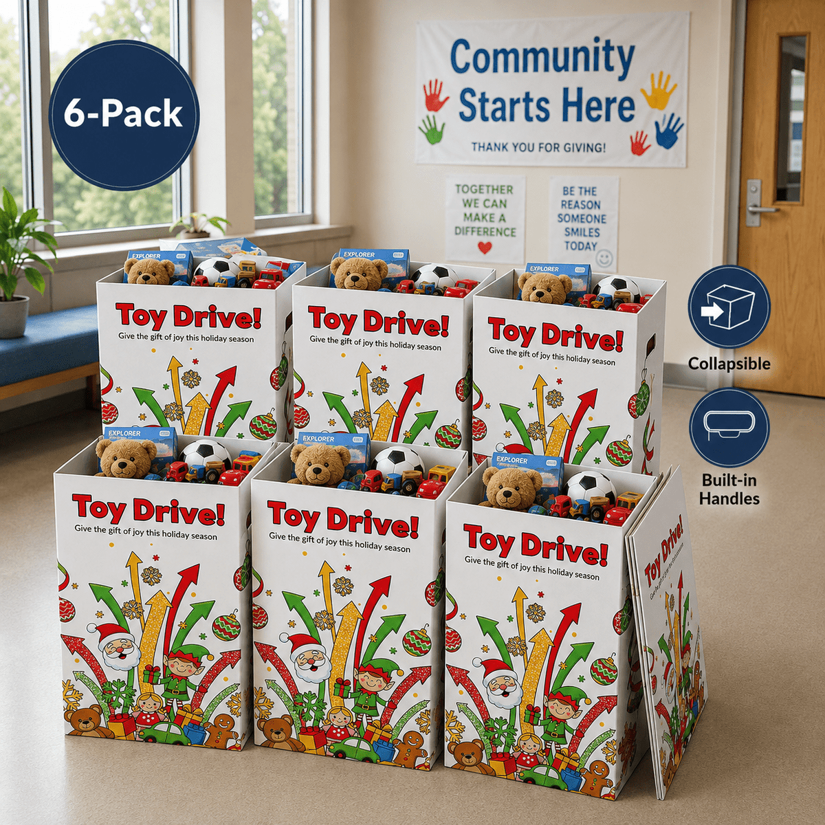 6-Pack Toy Drive Donation Bin - Reusable Corrugated Plastic Trash Cans | 22.3 Gallons