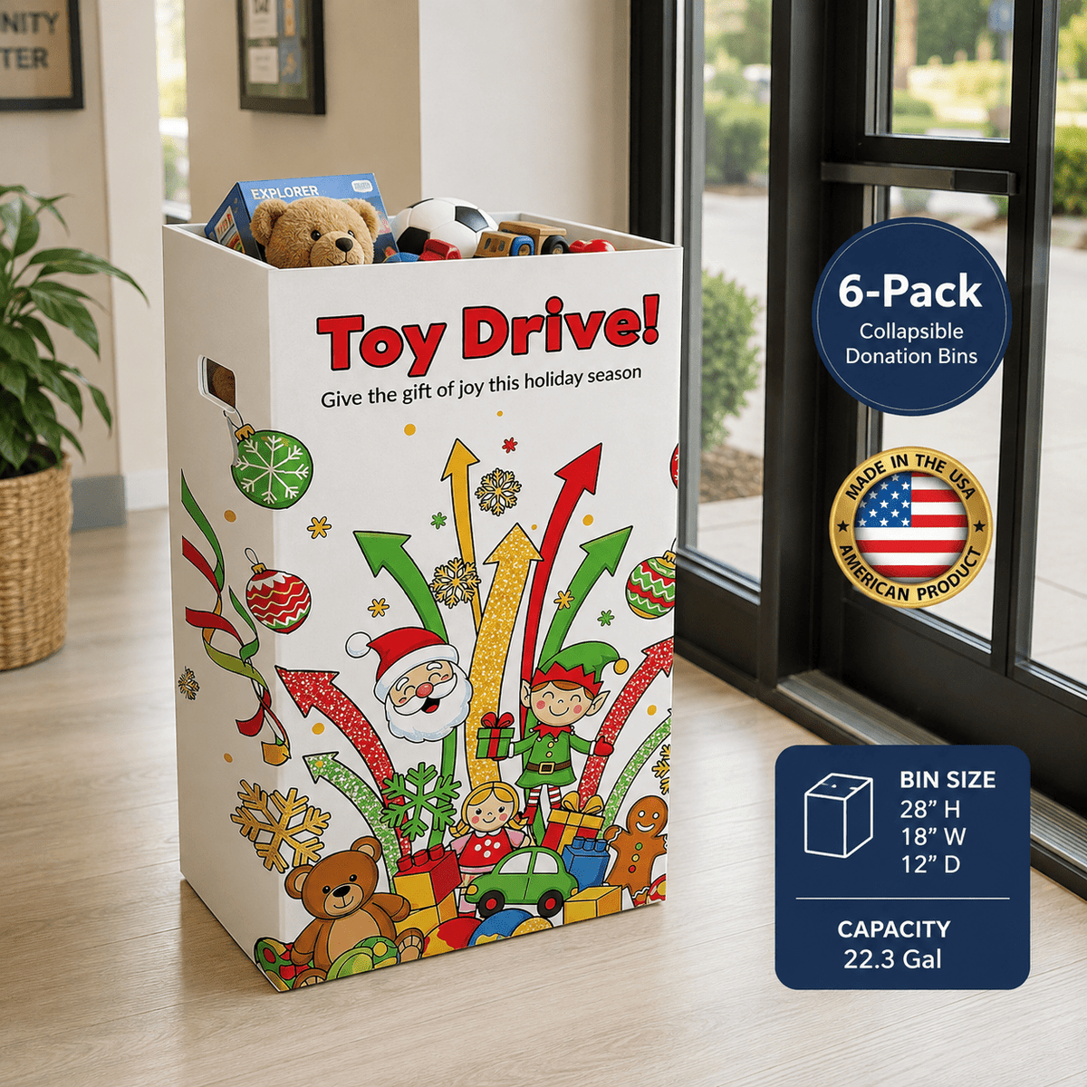 6-Pack Toy Drive Donation Bin - Reusable Corrugated Plastic Trash Cans | 22.3 Gallons