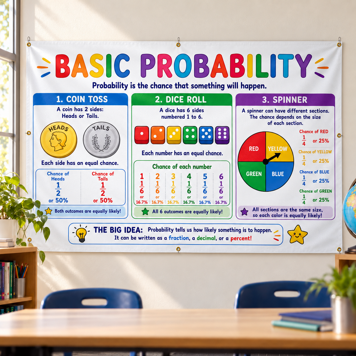 A large educational poster titled 'BASIC PROBABILITY' hanging on a wall in a classroom. The poster explains probability concepts with sections for coin toss, dice roll, and spinner, using colorful graphics and text.