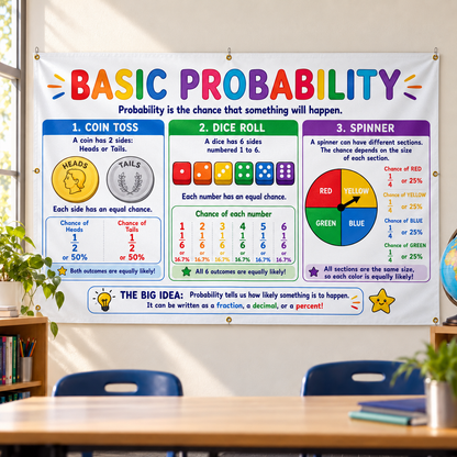 A large educational poster titled 'BASIC PROBABILITY' hanging on a wall in a classroom. The poster explains probability concepts with sections for coin toss, dice roll, and spinner, using colorful graphics and text.