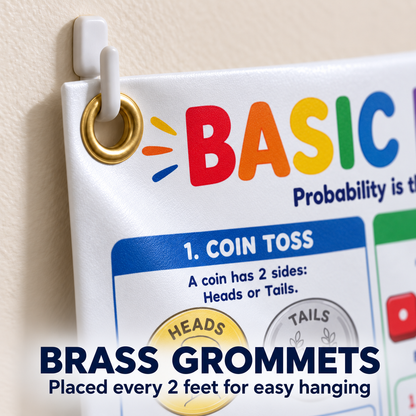 Close-up of a colorful educational probability poster hanging on a beige wall with a white plastic hook and a brass grommet. Text at the bottom reads 'BRASS GROMMETS Placed every 2 feet for easy hanging.