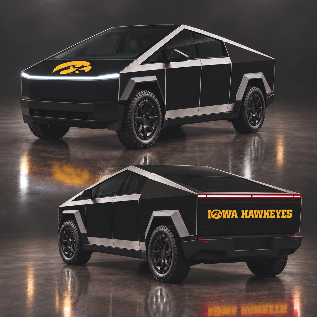 Two views of a black Tesla Cybertruck-style pickup truck with white side panels and a yellow Iowa Hawkeyes logo on the front and rear, shown on a dark studio floor with reflections.