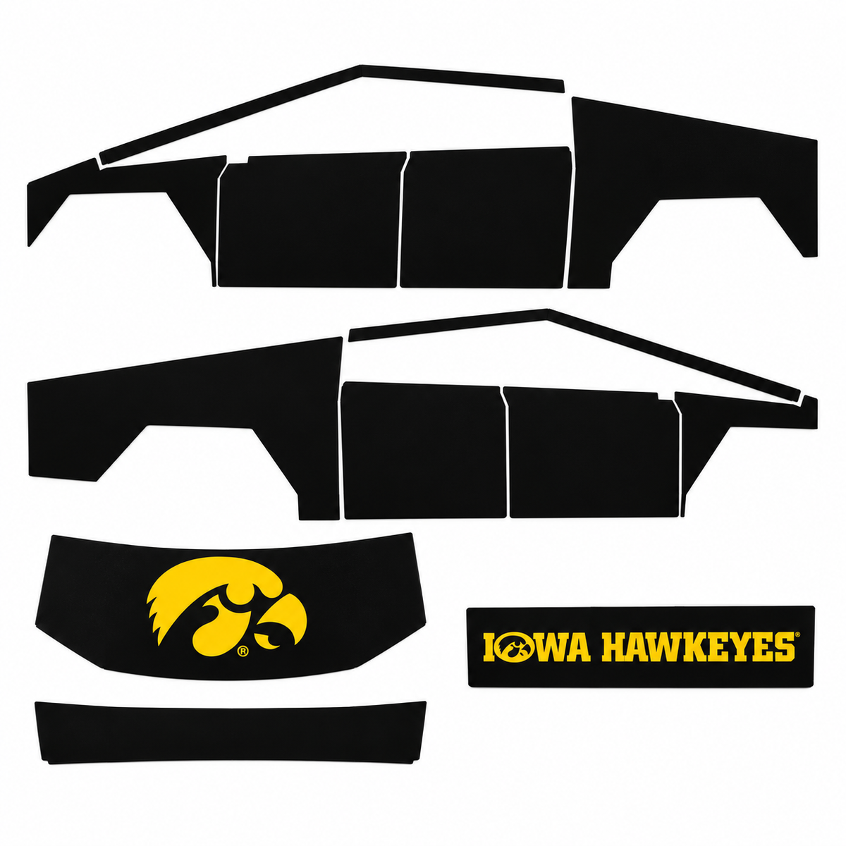Black vinyl decal kit for a Cybertruck, featuring custom body panels and a front fender graphic with the yellow and black Iowa Hawkeyes logo, and a rectangular 'IOWA HAWKEYES' decal, shown on a white background.