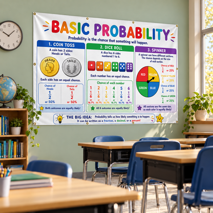 A classroom scene with a large colorful educational poster titled 'BASIC PROBABILITY' hanging on the wall. The poster explains probability concepts using a coin toss, dice roll, and spinner, with tables and colored sections.