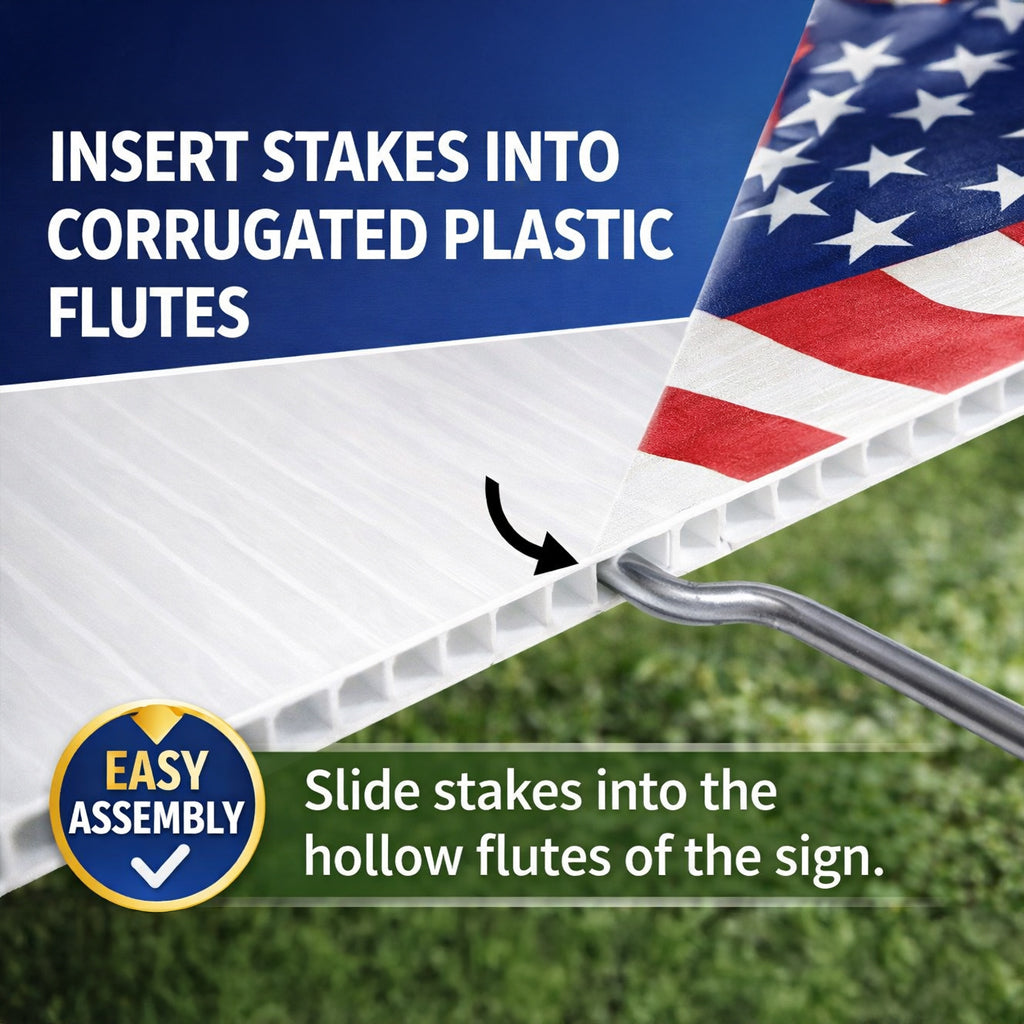 American flag sign with instructions on inserting stakes into corrugated plastic flutes.