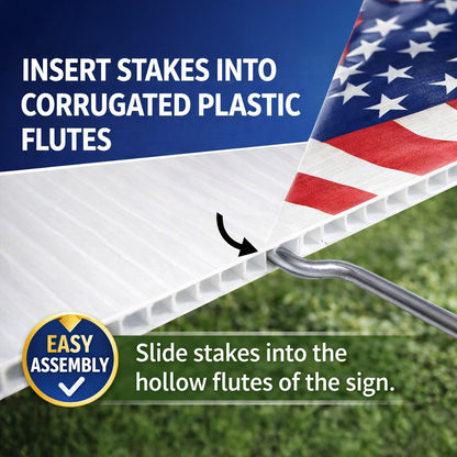 American flag sign with instructions on inserting stakes into corrugated plastic flutes.