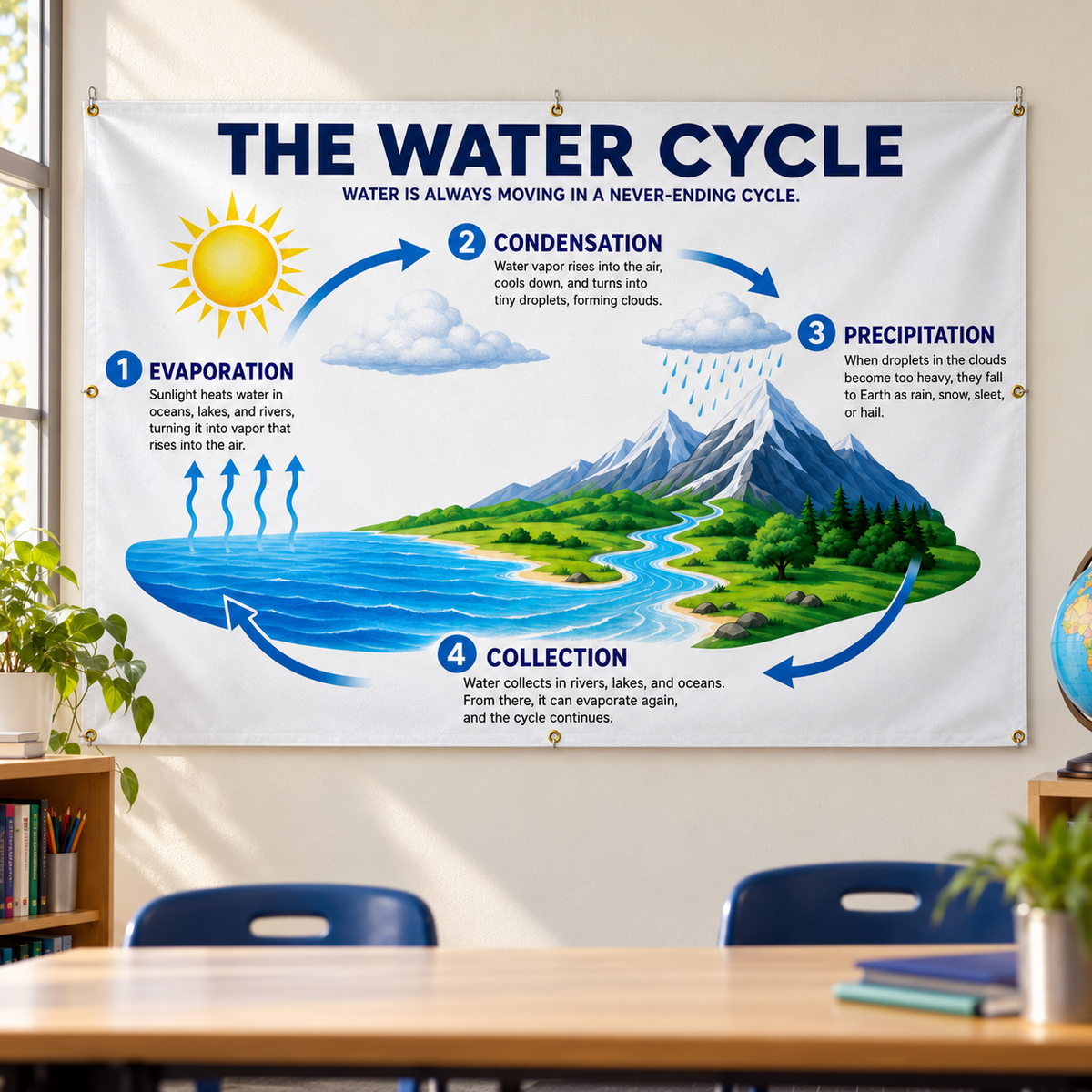 Water Cycle Classroom Vinyl Banner – Educational Science Chart