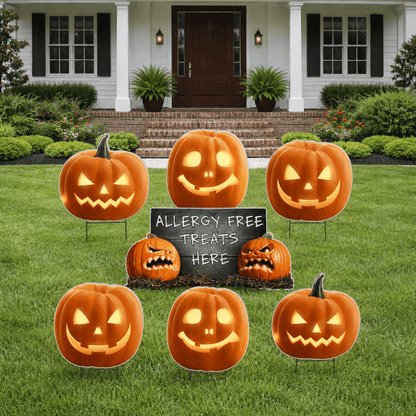 Allergy Free Treats Halloween Yard Signs – 7-Piece Scary Pumpkin Lawn Decoration Set with Stakes