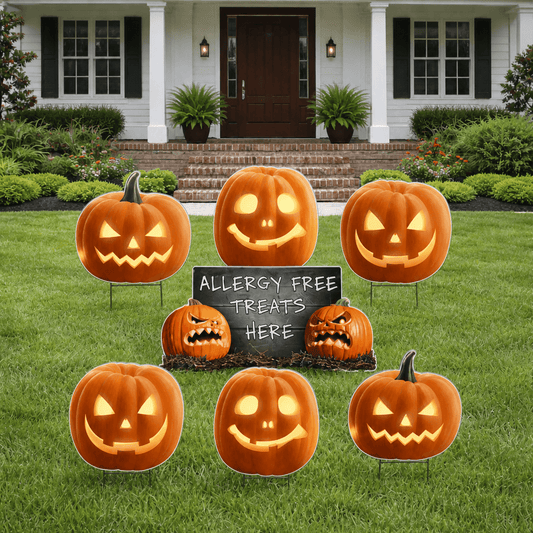 Allergy Free Treats Halloween Yard Signs – 7-Piece Scary Pumpkin Lawn Decoration Set with Stakes