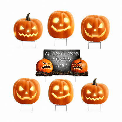 Allergy Free Treats Halloween Yard Signs – 7-Piece Scary Pumpkin Lawn Decoration Set with Stakes