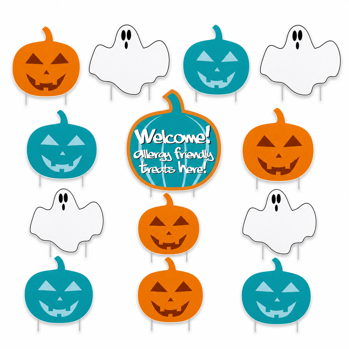 Allergy-Friendly Halloween Ghosts & Teal Pumpkin Yard Decorations – 13-Piece Outdoor Sign Set with Stakes