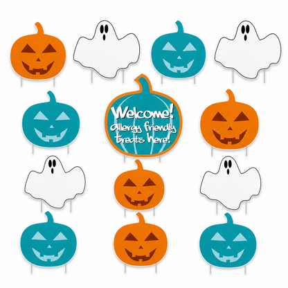 Allergy-Friendly Halloween Ghosts & Teal Pumpkin Yard Decorations – 13-Piece Outdoor Sign Set with Stakes