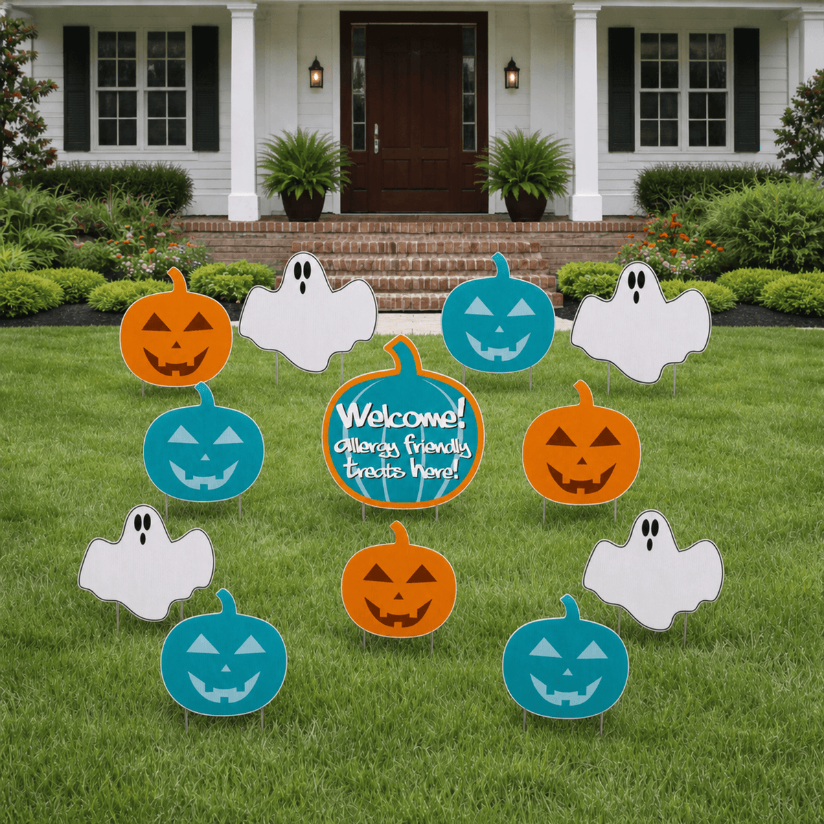 Allergy-Friendly Halloween Ghosts & Teal Pumpkin Yard Decorations – 13-Piece Outdoor Sign Set with Stakes