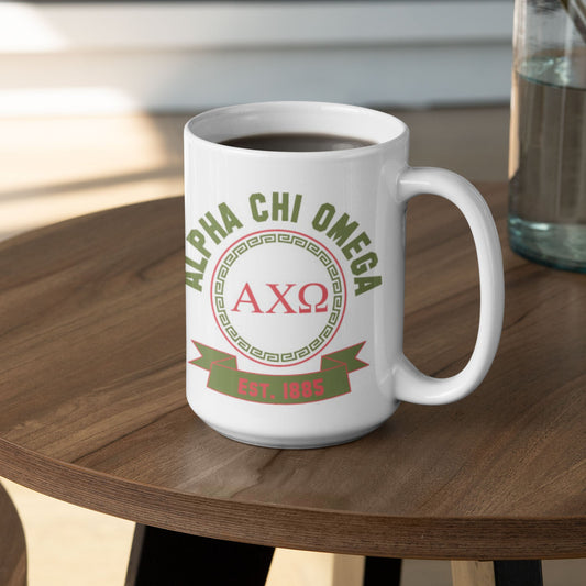 Alpha Chi Omega 15oz Coffee Mug – Double - Sided AXO Sorority Ceramic Cup – Dishwasher Safe