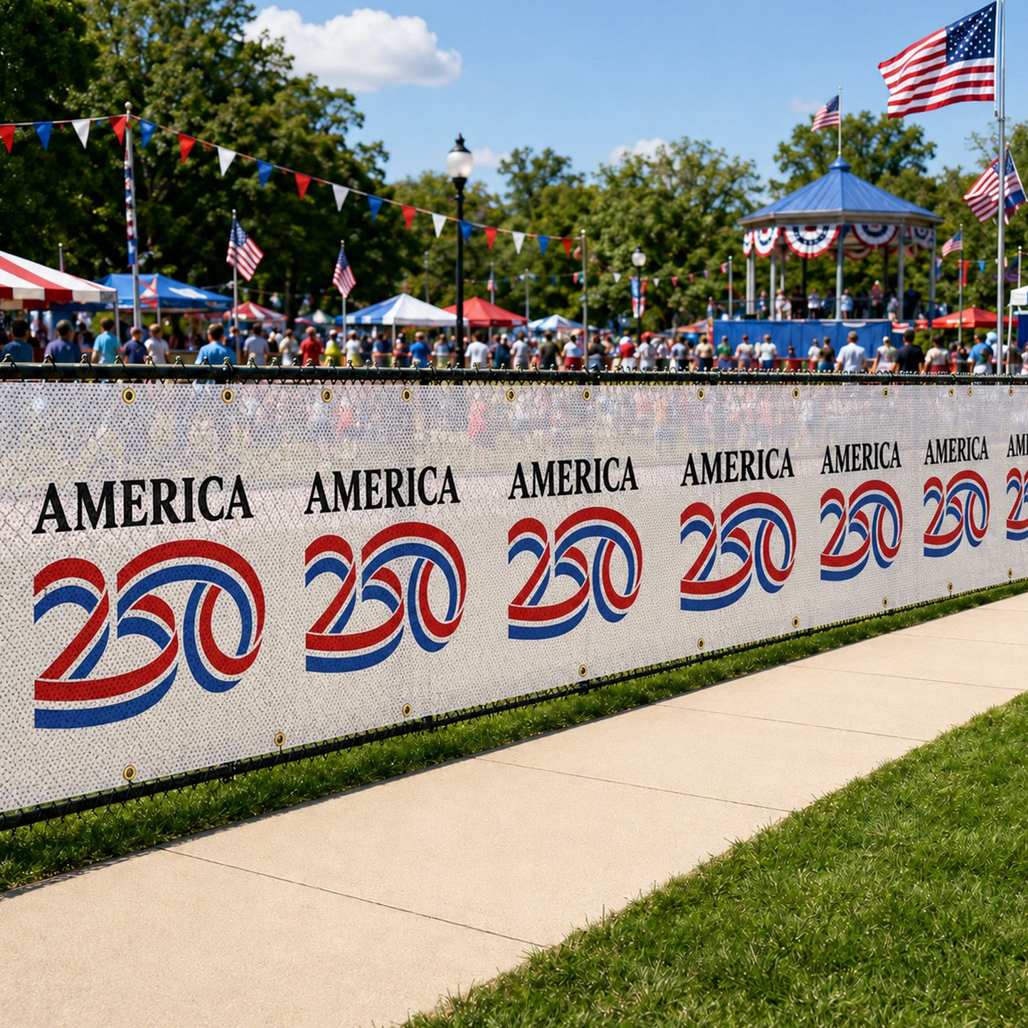 America 250 Mesh Fence Banner - 4'×50' | 5'×50' Municipal & Event Decorations for America's 250th Anniversary