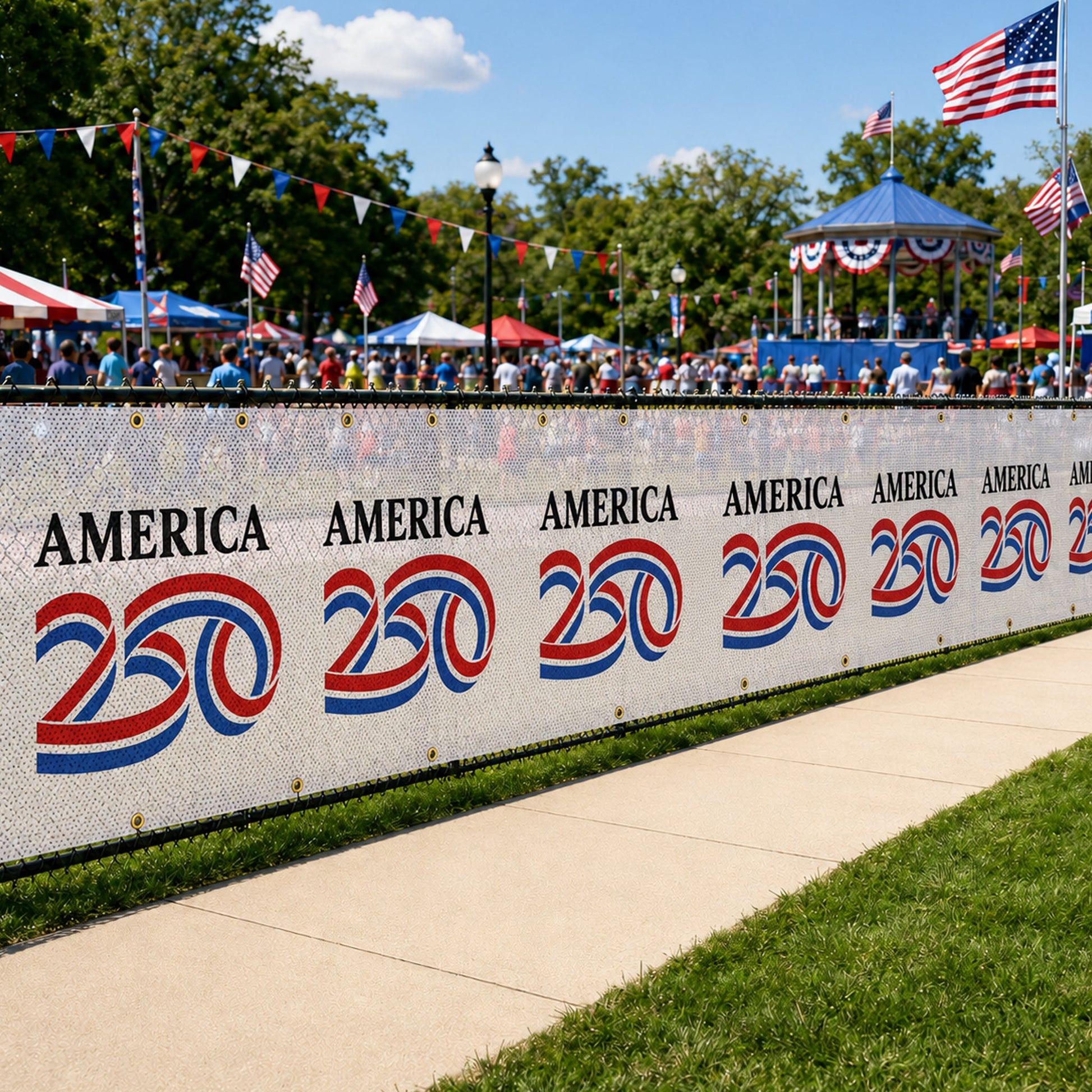 America 250 Mesh Fence Banner - 4'×50' | 5'×50' Municipal & Event Decorations for America's 250th Anniversary