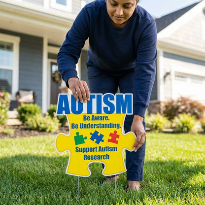 Autism Awareness Puzzle Piece Yard Sign – 21" x 21.5" Outdoor Lawn Decoration with Stakes