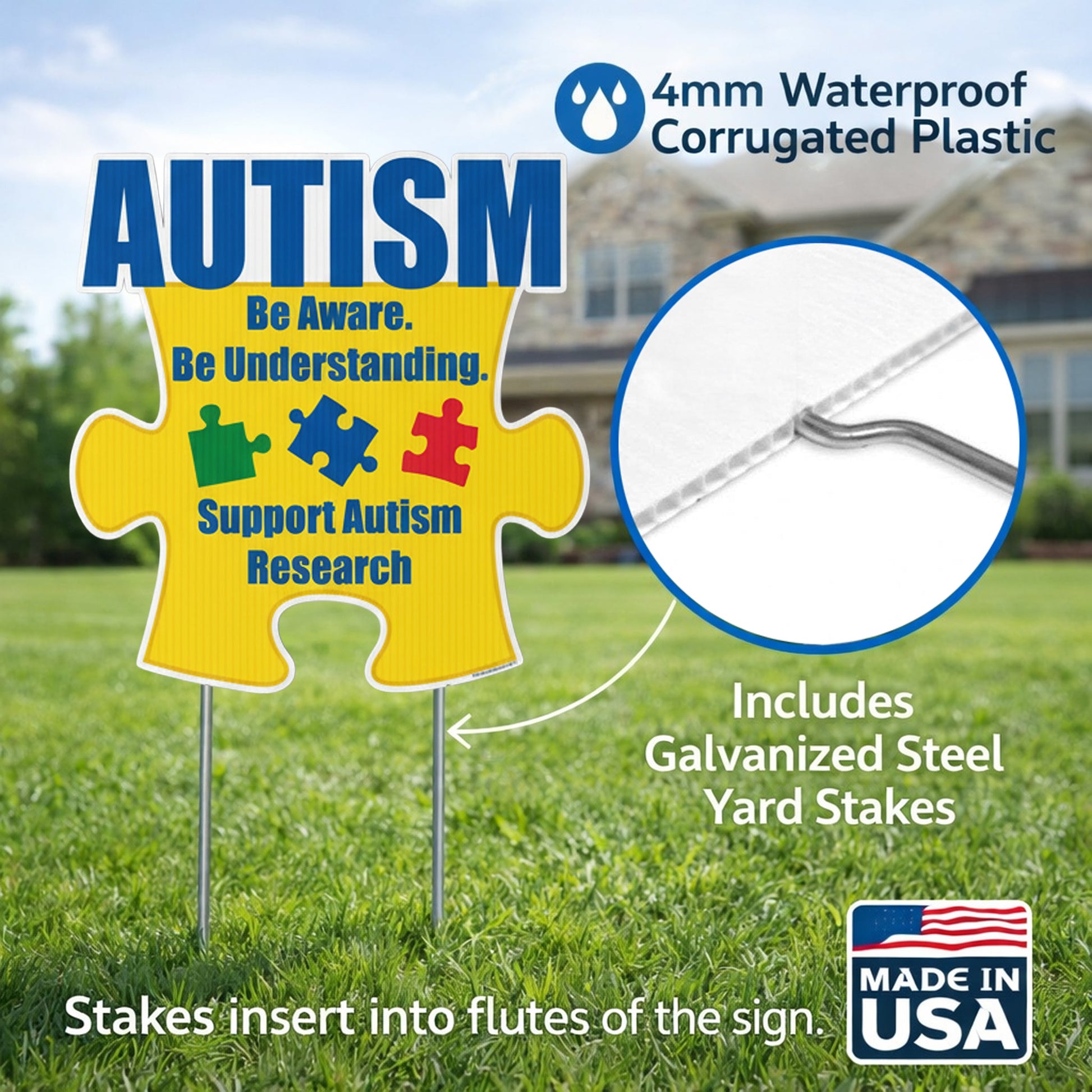 Autism Awareness Puzzle Piece Yard Sign – 21" x 21.5" Outdoor Lawn Decoration with Stakes