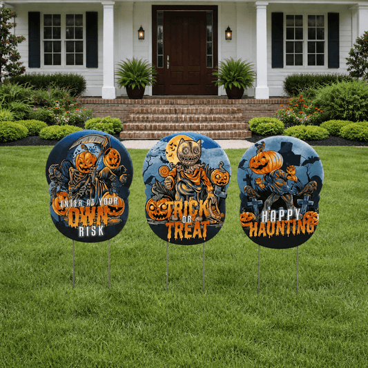Beware Halloween Yard Signs – 3 Pc Outdoor Halloween Warning Sign Set with Stake