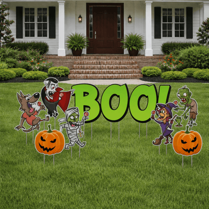 BOO! Halloween Characters Yard Decorations – 11-Piece Outdoor Lawn Sign Set with Stakes