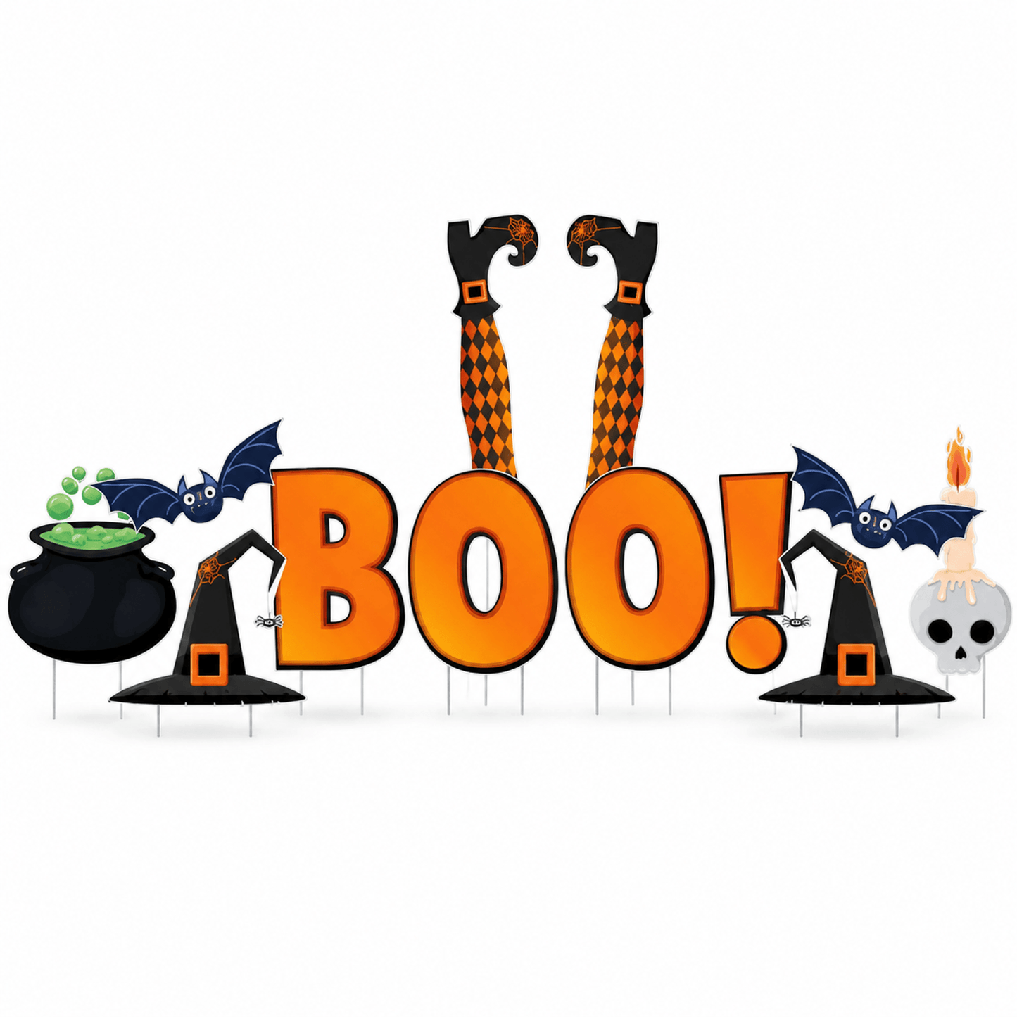 BOO! Witch Legs Halloween Yard Decorations – 12-Piece Outdoor Lawn Sign Set with Witch Hats, Bats & Stakes
