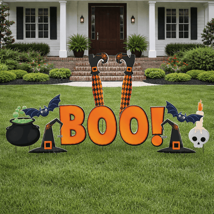 BOO! Witch Legs Halloween Yard Decorations – 12-Piece Outdoor Lawn Sign Set with Witch Hats, Bats & Stakes