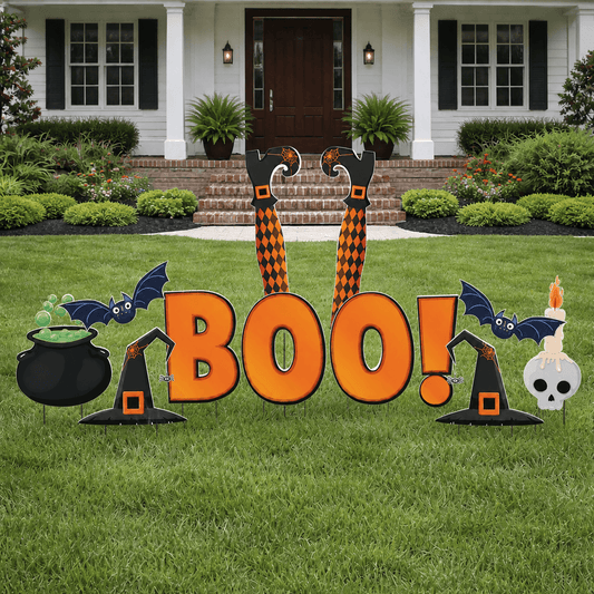 BOO! Witch Legs Halloween Yard Decorations – 12-Piece Outdoor Lawn Sign Set with Witch Hats, Bats & Stakes