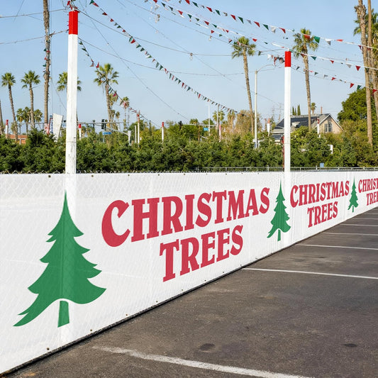 Christmas Trees Mesh Fence Banner 6 - Foot Tall - Polyester Scrim Mesh with Grommets, Outdoor Christmas Tree Lot Fence Wrap