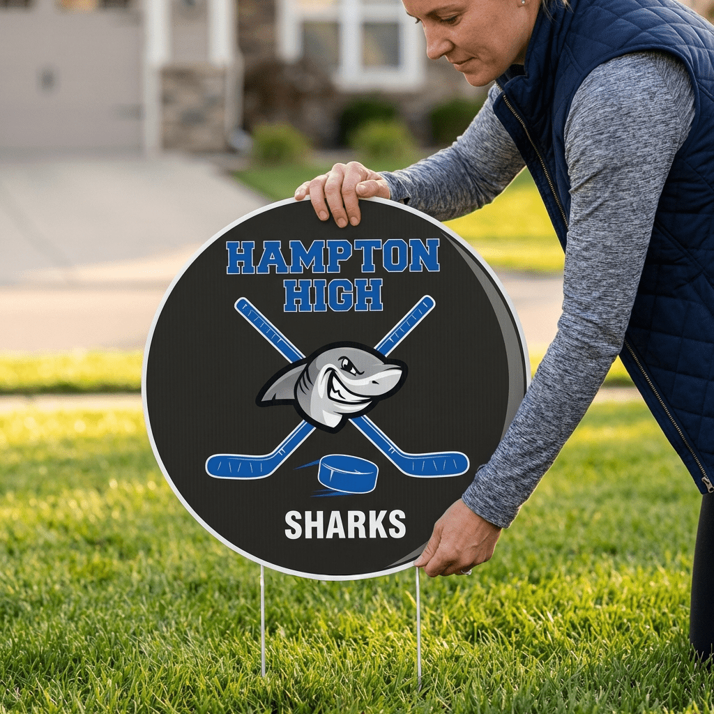 Custom 22" Hockey Puck Player Name, Number and Mascot Fence & Yard Signs