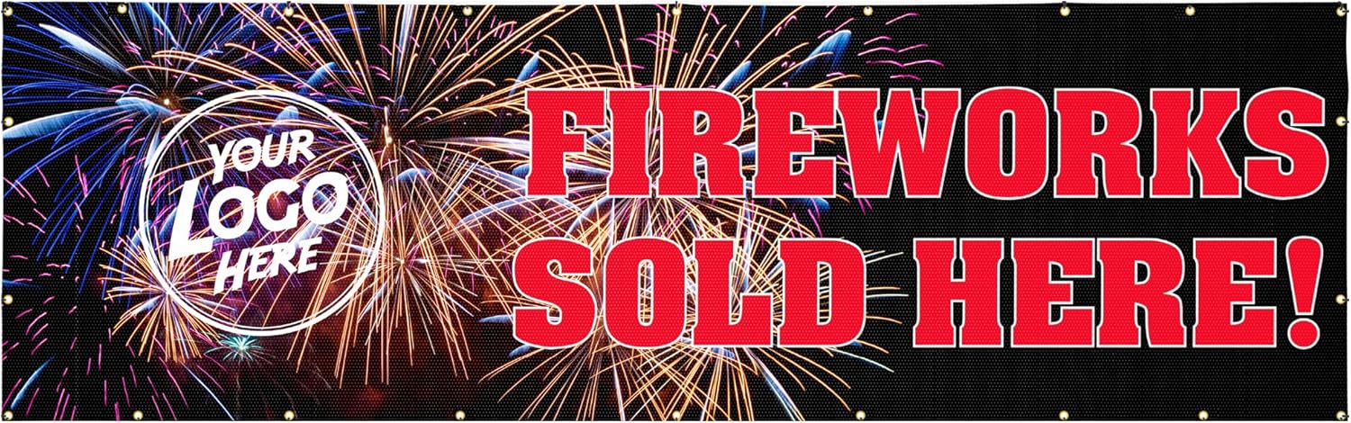 Custom 5'x15' Fireworks Sold Here Vinyl Banner with Grommets, Add Your Logo