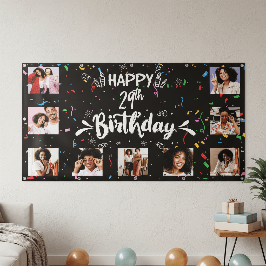 Custom 9 Photo Happy Birthday Banner | 5 Ft