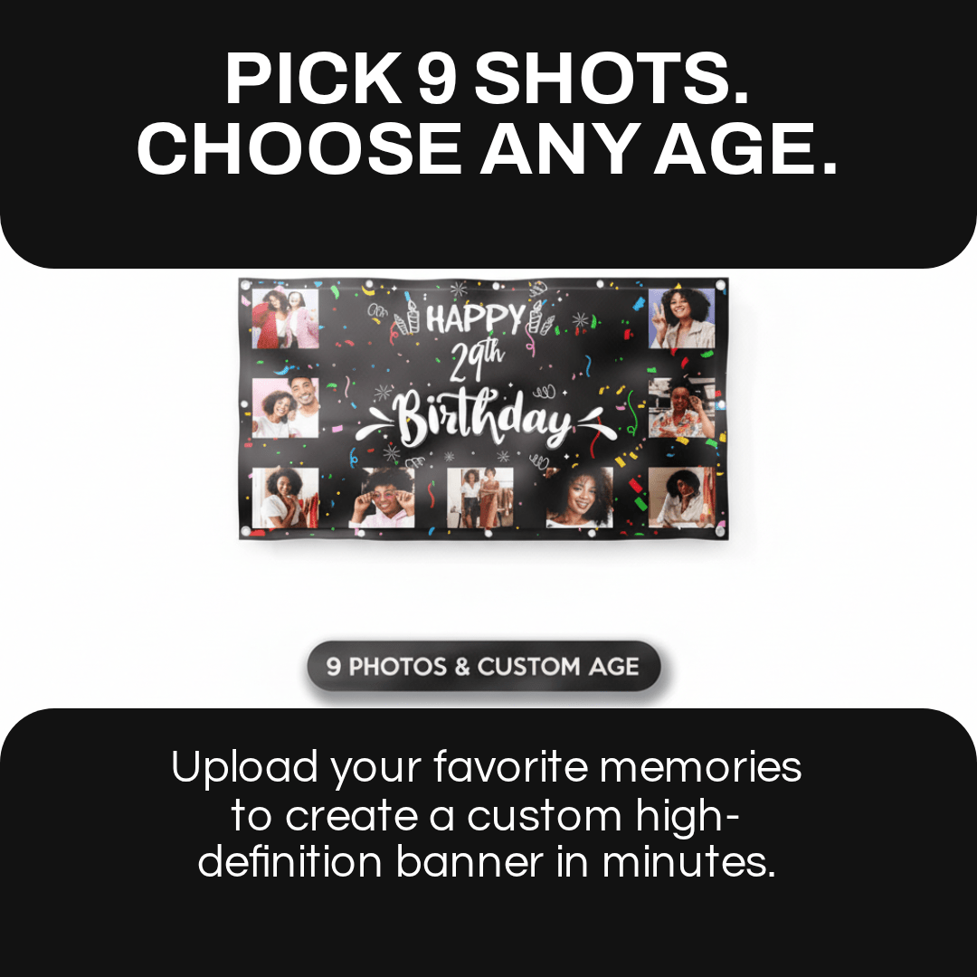 Custom 9 Photo Happy Birthday Banner | 5 Ft