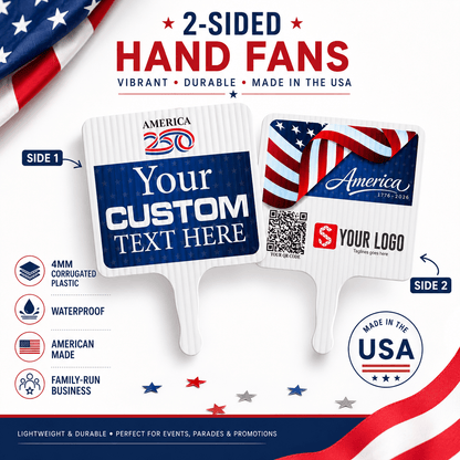 Custom America 250 Hand Fans | 2 - Sided Waterproof Parade Fans