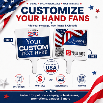 Custom America 250 Hand Fans | 2 - Sided Waterproof Parade Fans