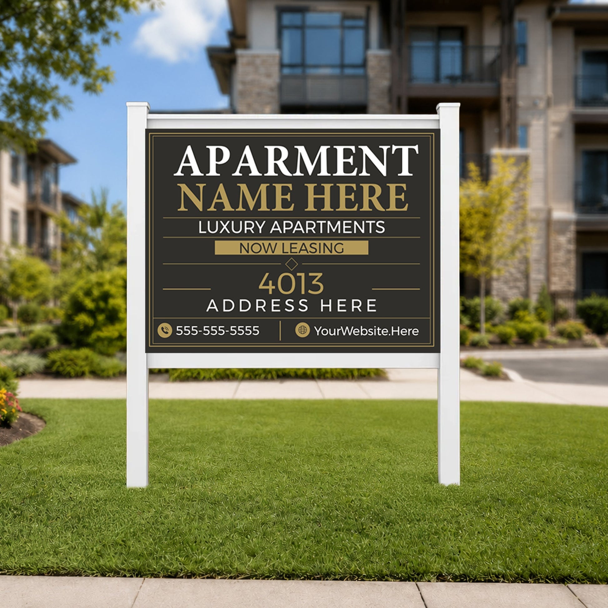 Custom Apartment Complex Sign with Vinyl Frame Kit | Includes 3mm ACM Panel, 8' Vinyl Posts & Rails