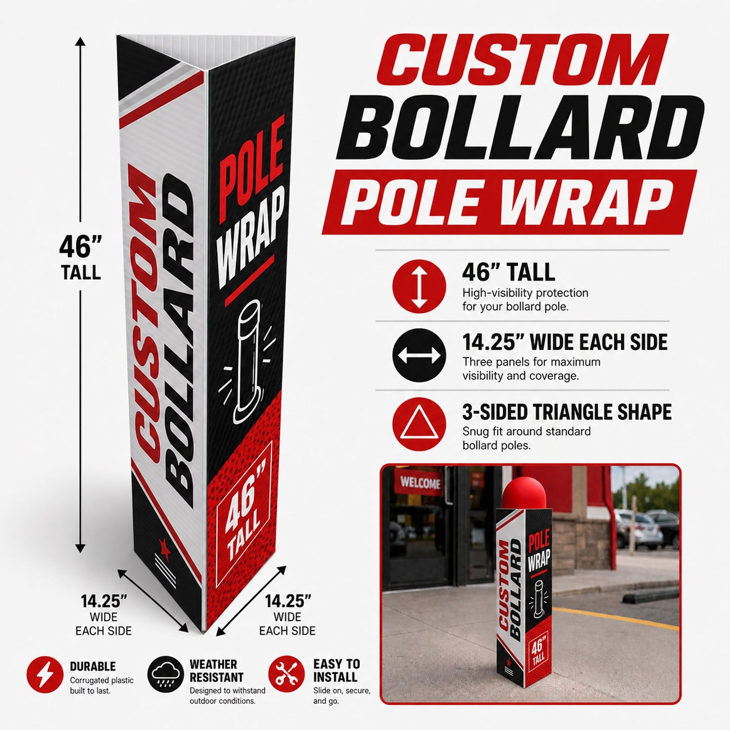 Custom Bollard Pole Wrap – 46" Tall 3-Sided Corrugated Plastic Bollard Cover