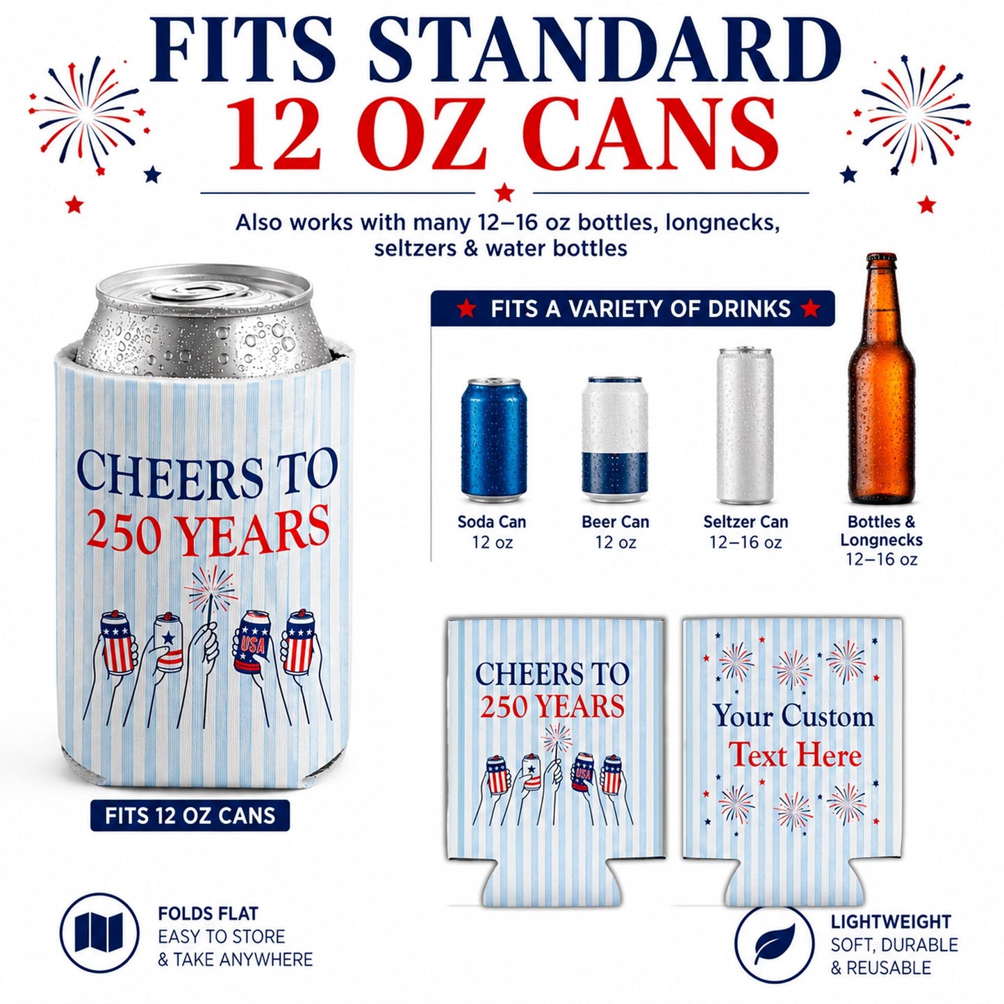 Custom Cheers to 250 Years Can Coolers, Personalized USA 250th Anniversary Drink Sleeves, 4th of July BBQ Party Favors, Made in USA