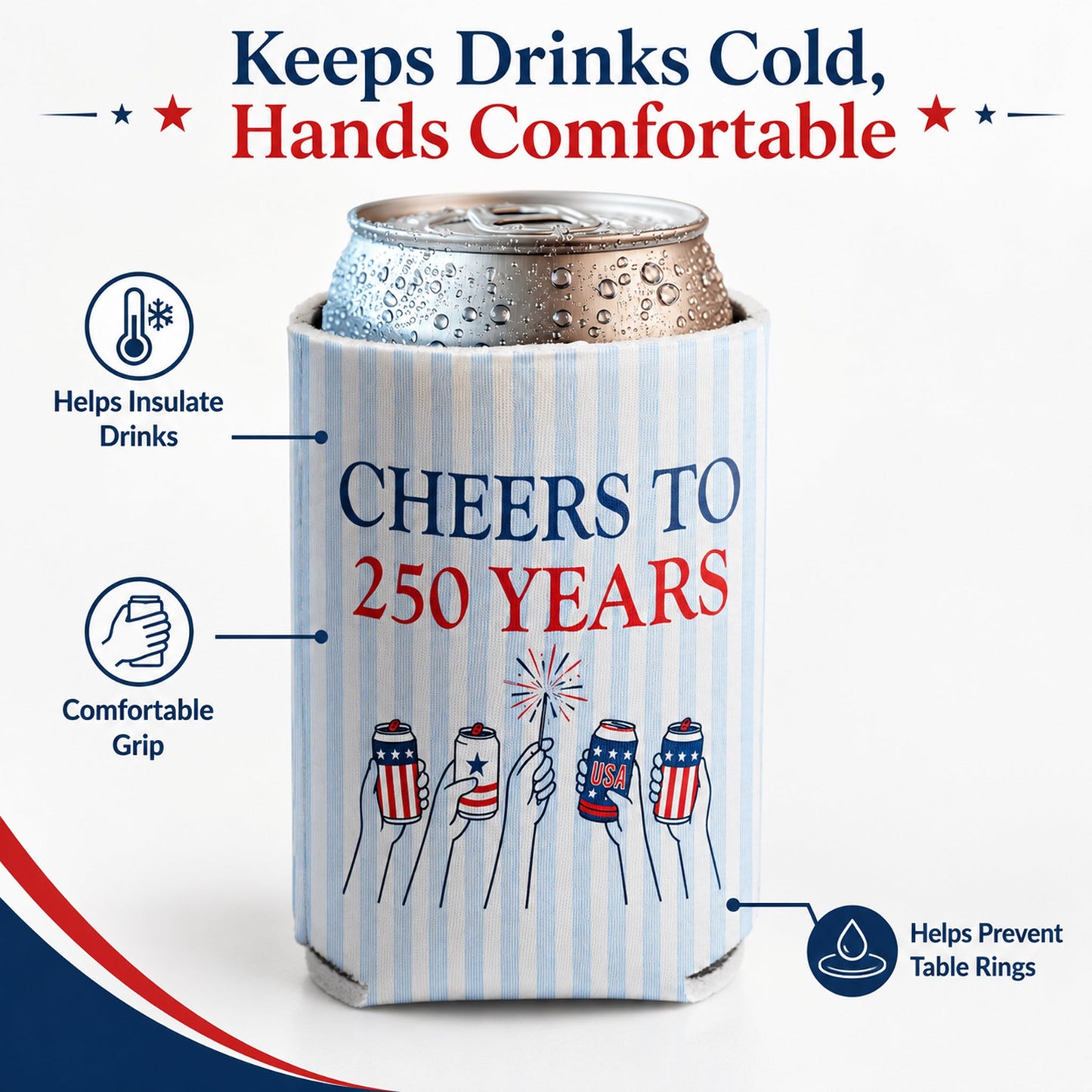 Custom Cheers to 250 Years Can Coolers, Personalized USA 250th Anniversary Drink Sleeves, 4th of July BBQ Party Favors, Made in USA