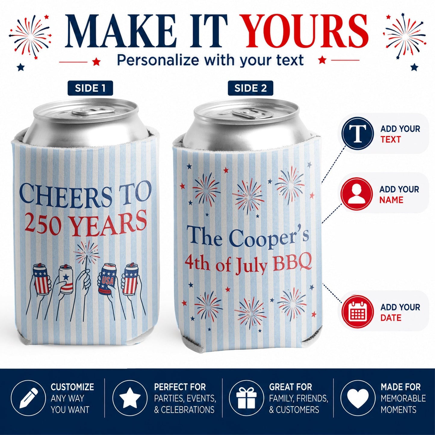 Custom Cheers to 250 Years Can Coolers, Personalized USA 250th Anniversary Drink Sleeves, 4th of July BBQ Party Favors, Made in USA