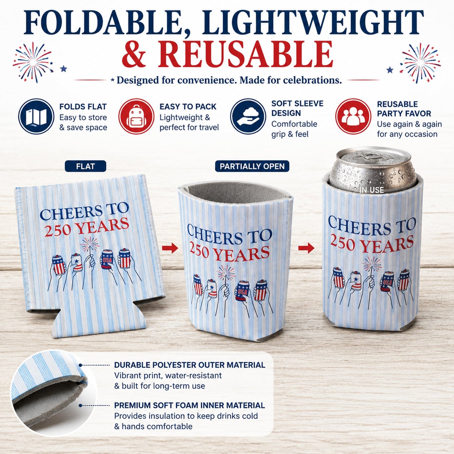 Custom Cheers to 250 Years Can Coolers, Personalized USA 250th Anniversary Drink Sleeves, 4th of July BBQ Party Favors, Made in USA