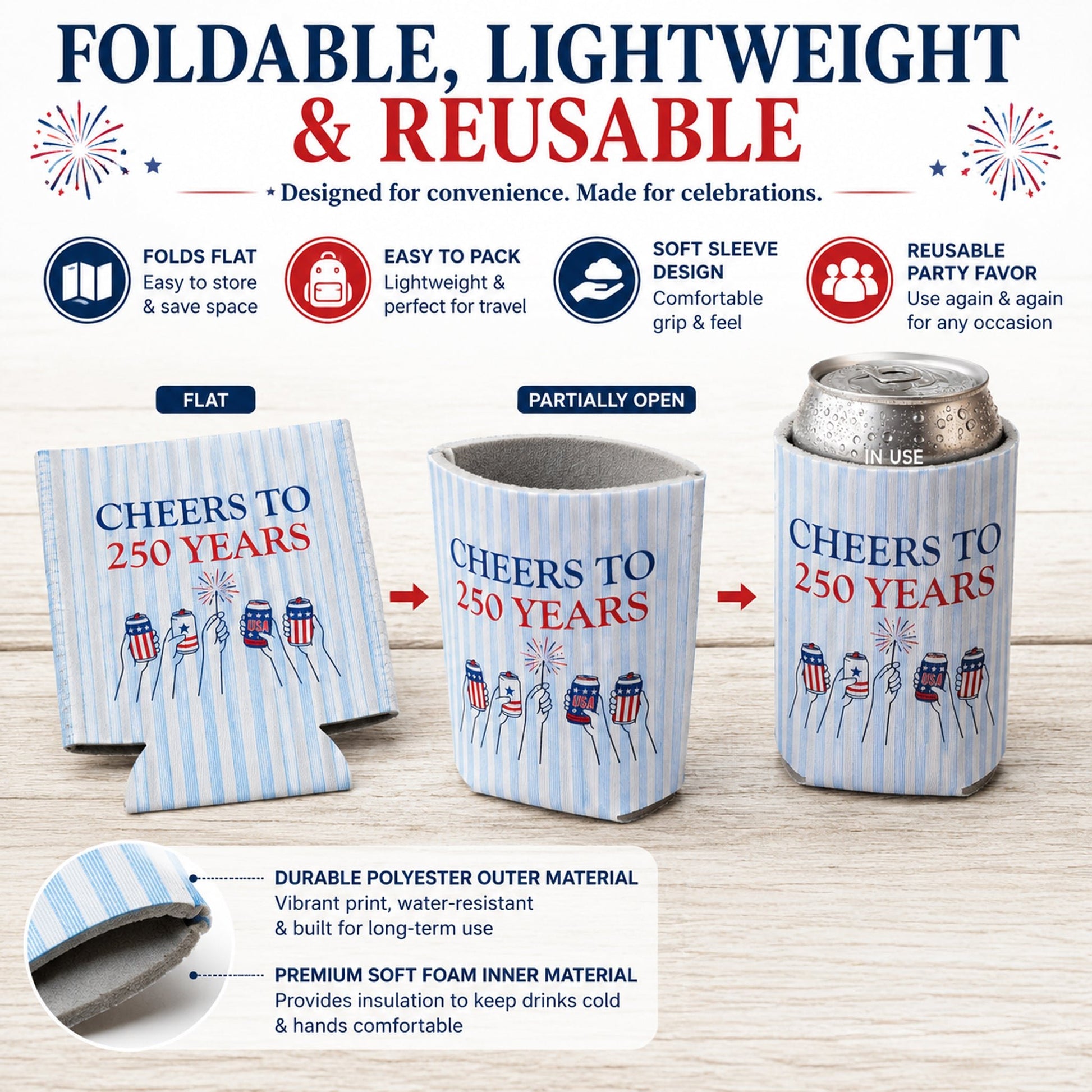 Custom Cheers to 250 Years Can Coolers, Personalized USA 250th Anniversary Drink Sleeves, 4th of July BBQ Party Favors, Made in USA