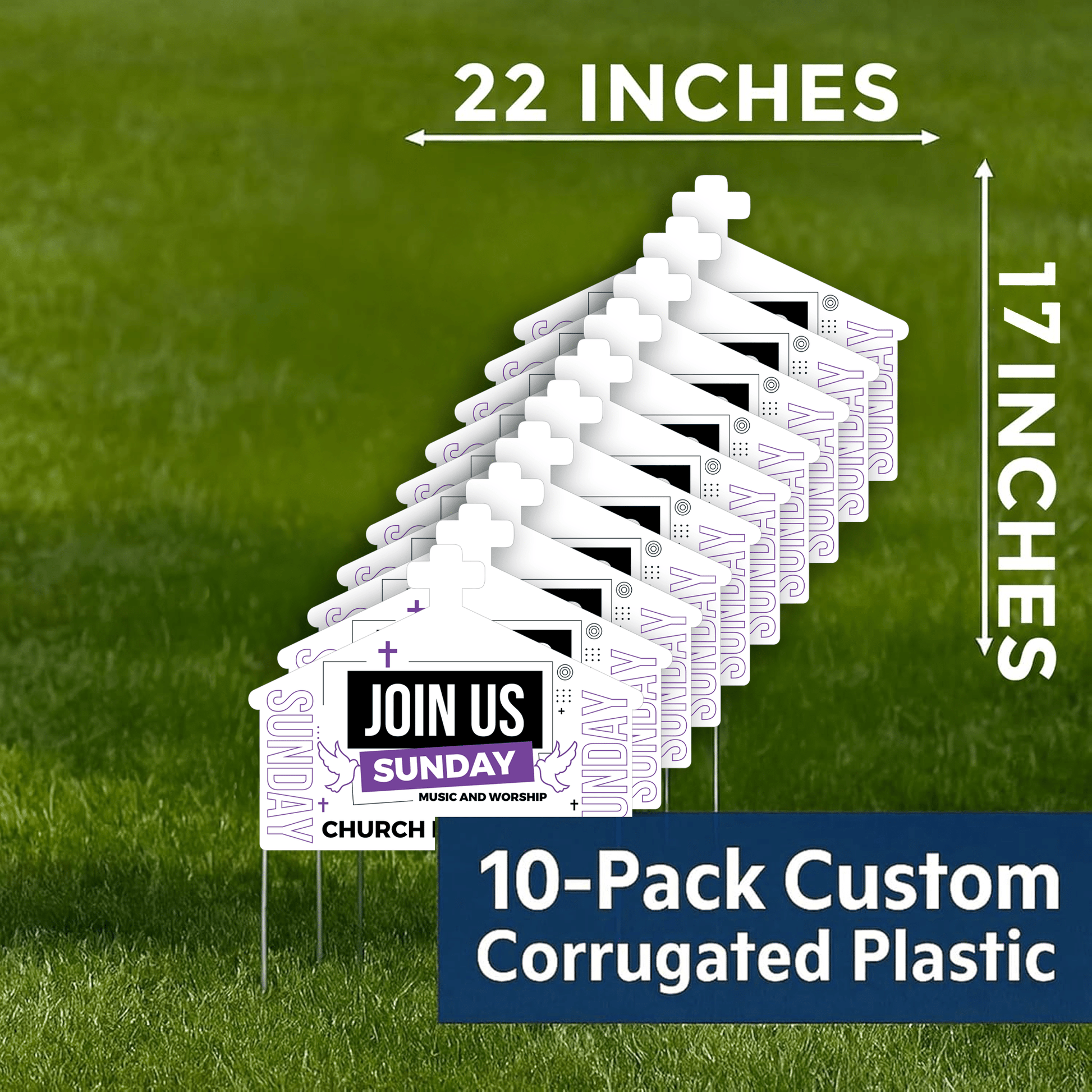 Custom Church Yard Signs – “Join Us This Sunday” | 10 - Pack | Two - Sided | 20 EZ Stakes Included