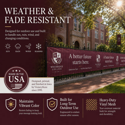 Custom College Fence Banner – Personalized Outdoor Mesh Banner for Schools, Universities & Campus Events