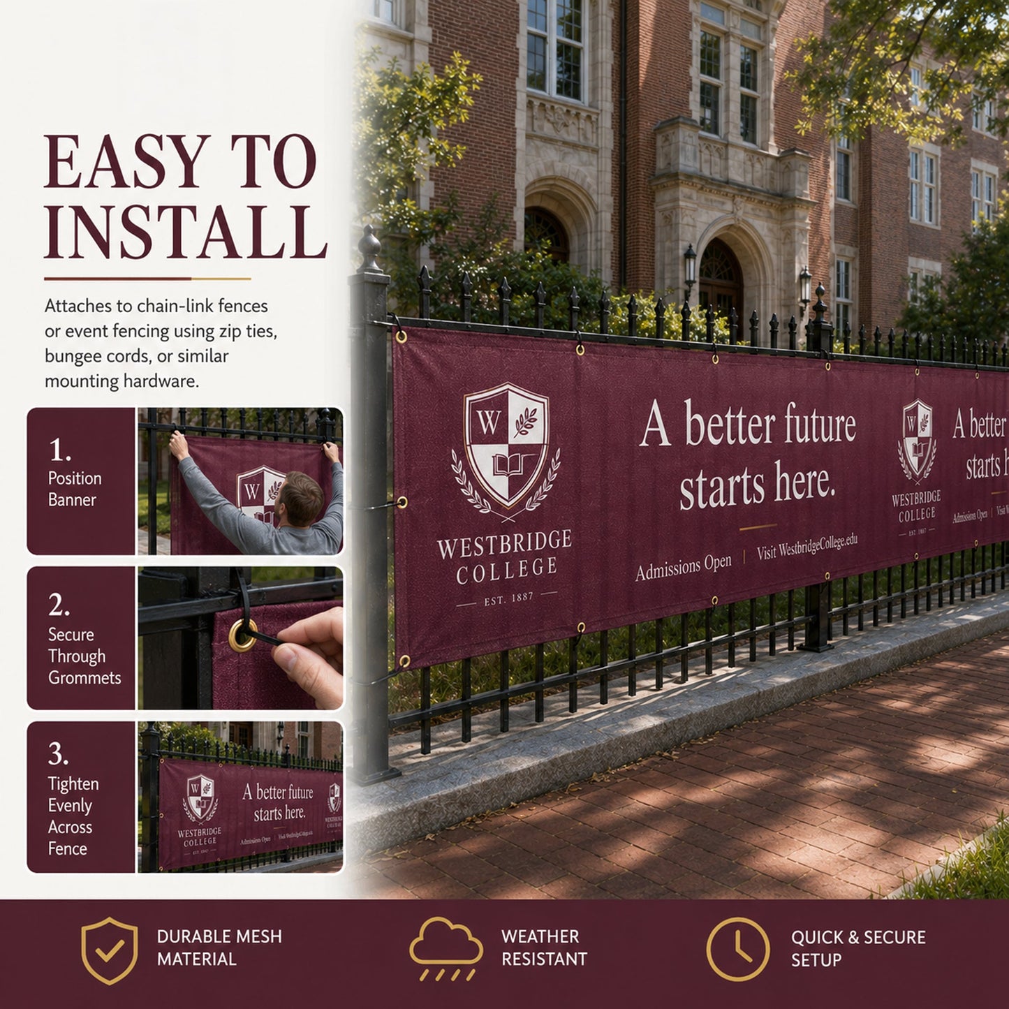 Custom College Fence Banner – Personalized Outdoor Mesh Banner for Schools, Universities & Campus Events