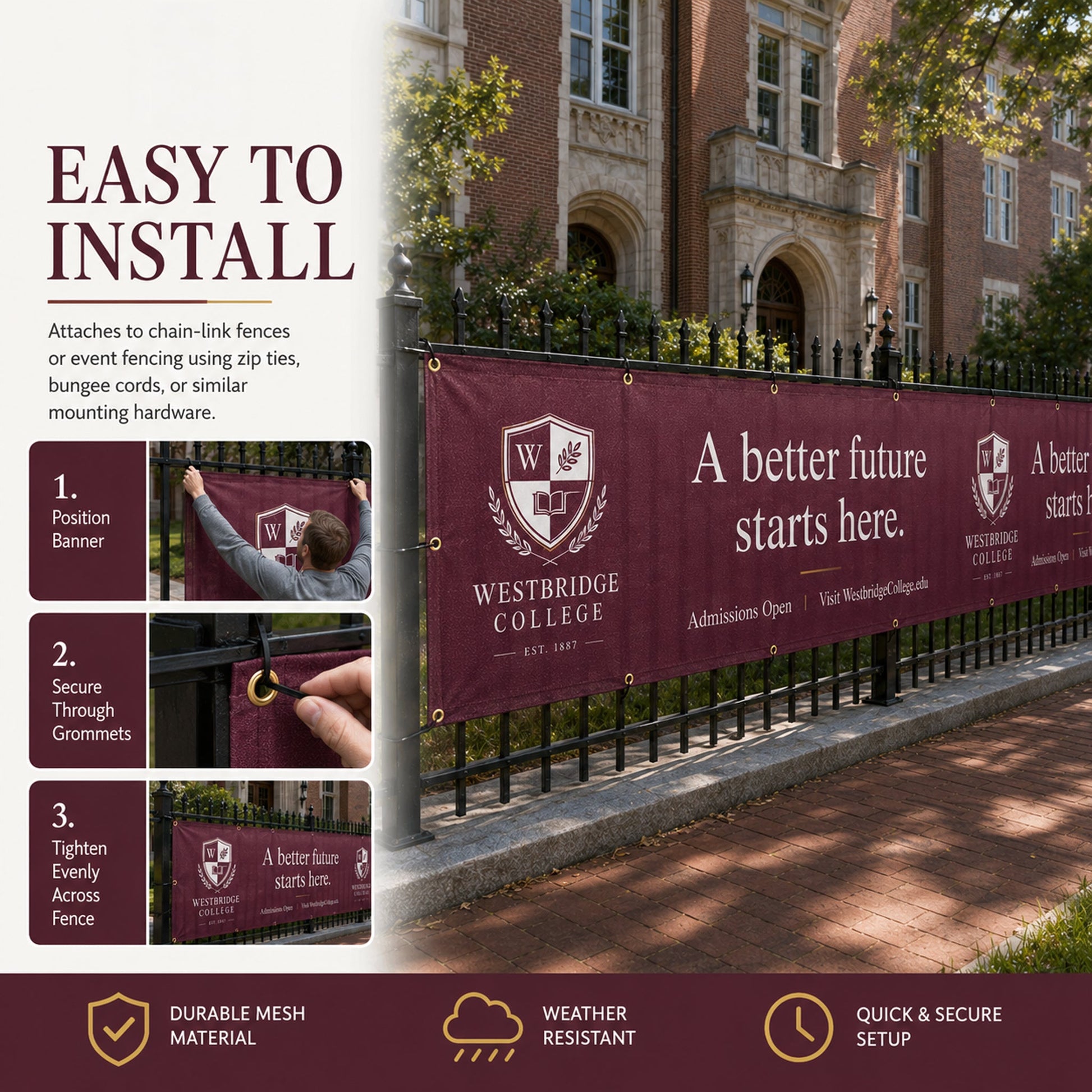 Custom College Fence Banner – Personalized Outdoor Mesh Banner for Schools, Universities & Campus Events