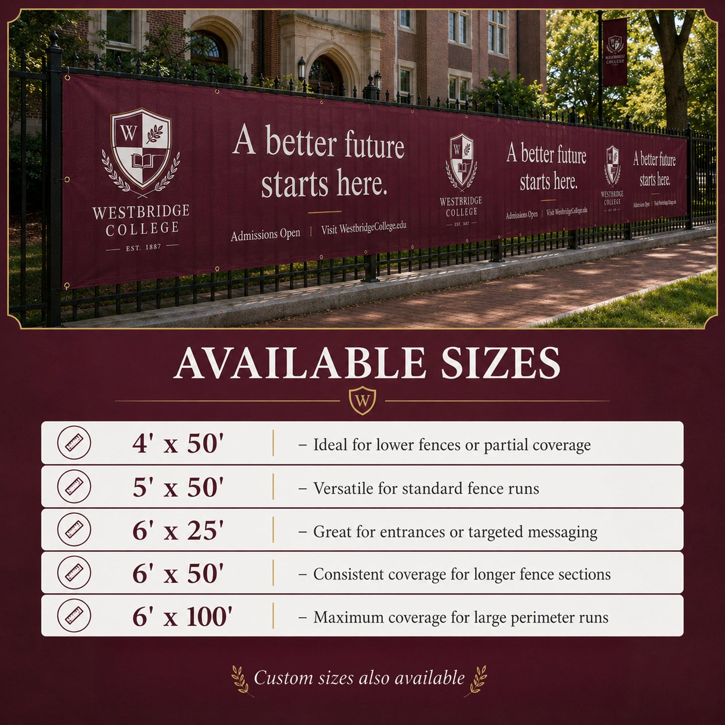 Custom College Fence Banner – Personalized Outdoor Mesh Banner for Schools, Universities & Campus Events